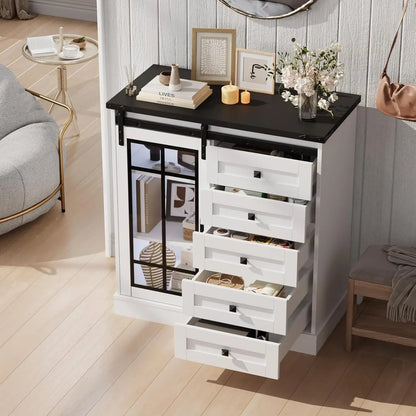 6 Drawer Dresser with Slide Glass Door Farmhouse Tall Chest of Drawers Storage Organizer Living Room, Bedroom Or Office