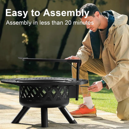 Fire Pit with Poker - 32 inch Outdoor Wood Burning Firepit with Grill