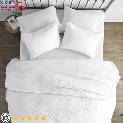 Ultra Soft White Damask Quilted Coverlet Set - Full Queen - Hypoallergenic, Breathable, Stain Resistant & Machine Washable, Decorative