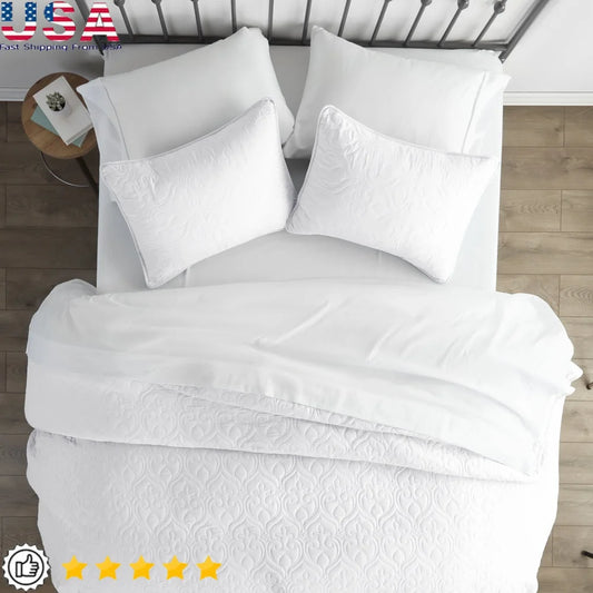 Ultra Soft White Damask Quilted Coverlet Set - Full Queen - Hypoallergenic, Breathable, Stain Resistant & Machine Washable, Decorative