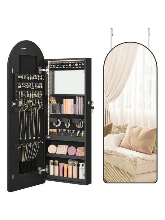 Wide Jewelry Organizer - LED Jewelry Cabinet Wall/Door Mounted - Arched Mirror with Storage - Lockable - Rounded Corner
