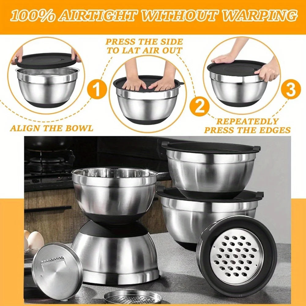 17 Piece Stainless Steel Mixing Bowls With Lids - Grater Attachment - Non-Slip Kitchen Gadget Set - Mixing And Serving
