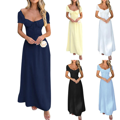 2025 Ladies Maxi Dress - Solid Colors - Chest Wrap - Bowknot Lace-up 2025