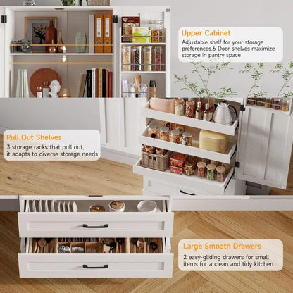 71" Tall Kitchen Pantry Cabinet with 3 Pull Out Shelves & 2 Large Drawers - Pantry Storage Cabinet with 6 Door Shelves