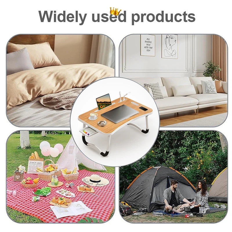 Portable Laptop Desk with USB Light, Small Fan, Cup Holder, Tablet Slot, and Lifting Handle - Foldable Laptop Table