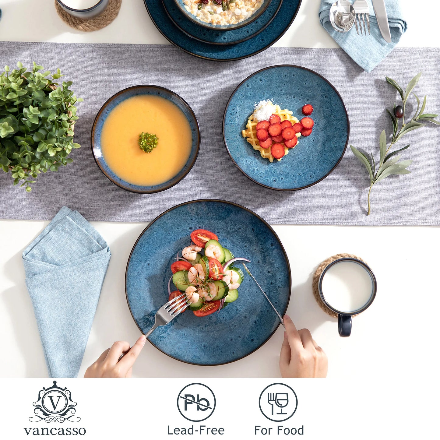 VANCASSO BUBBLE 16/32/48-Piece Tableware Set - Ceramic Blue/Brown Stoneware Set with Dinner. Dessert Plate, Bowl, Coffee Cups