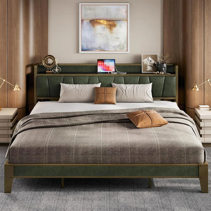 A New Bed Frame - Storage Headboard with Charging Station - No Box Spring Needed - Dark Green