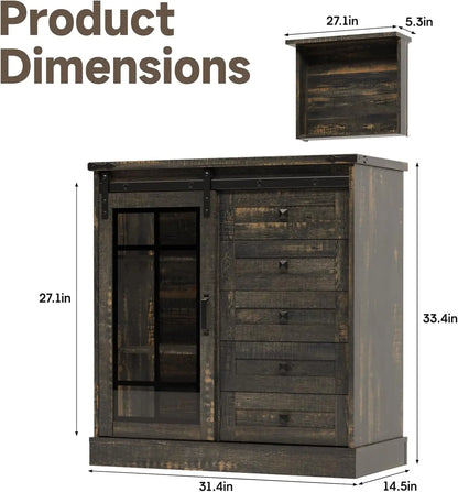 6 Drawer Dresser with Slide Glass Door Farmhouse Tall Chest of Drawers Storage Organizer Living Room, Bedroom Or Office