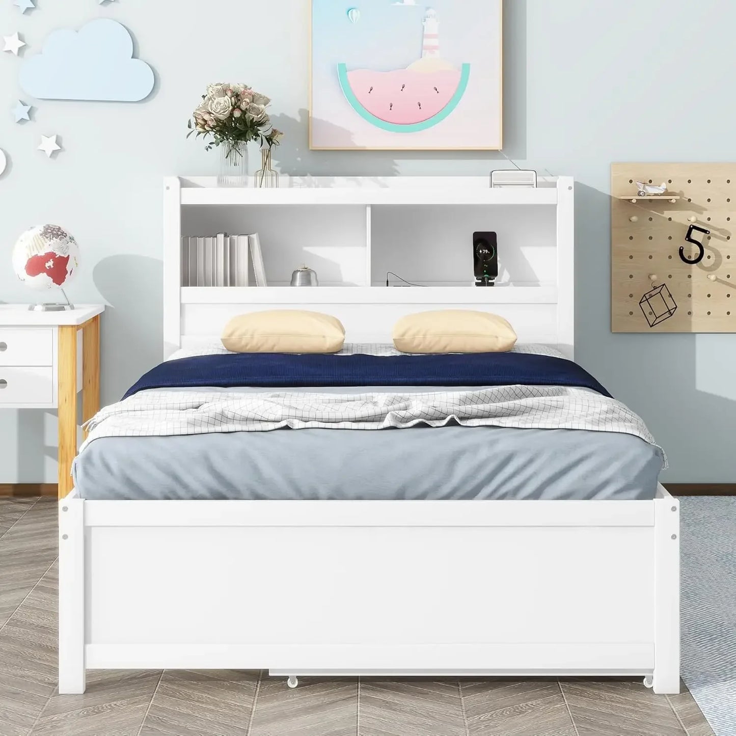 Full Platform Bed with Twin Size Trundle - Bookcase Headboard - Charging Station and 3 Drawers - Wood, Full Storage Bed Frame for Kids