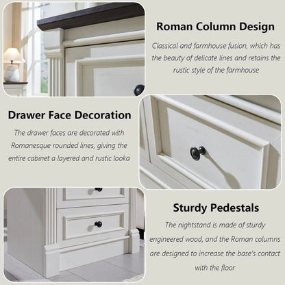 26" Tall Nightstand/End Table with Charging Station - Farmhouse 23.6" Wide w/Roman Column