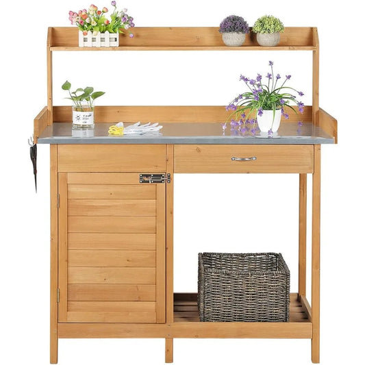 Wooden Pot Planting Bench Work Table with Cabinet - Storage Shelves Durable, Sturdy, Heavy Duty - Versatile Contemporary for Home