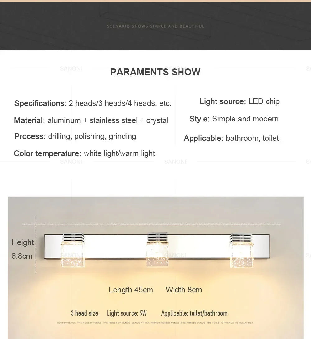 LED Wall Lights Crystal Sconce For Bathroom, Touch On/Off Light