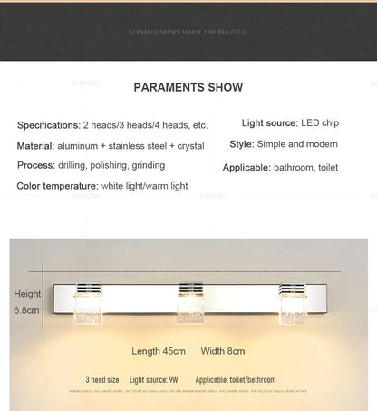 LED Wall Lights Crystal Sconce For Bathroom, Touch On/Off Light