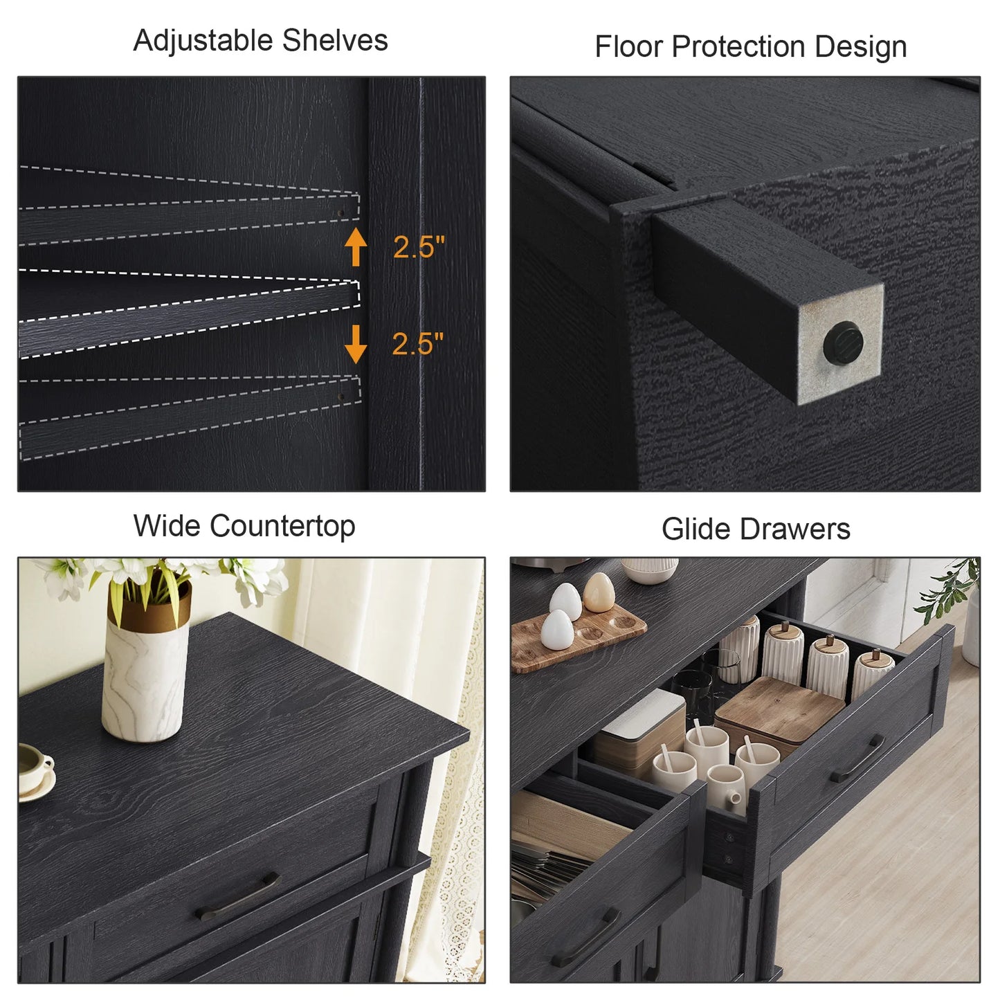 48" Storage Buffet Cabinet - 2 Drawers & Doors, Adjustable Shelve, Wooden Kitchen. Living Room & Hallway Cabinet
