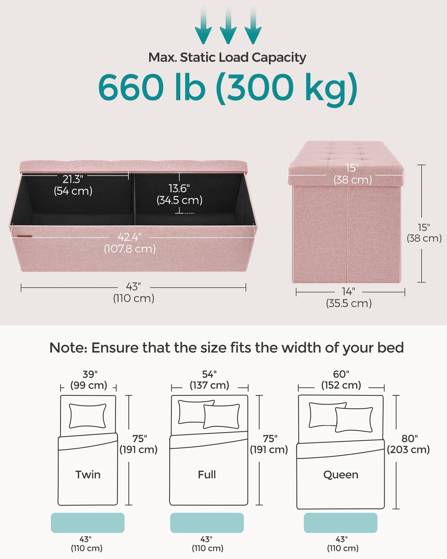 SONGMICS Mazie Collection - 43 Inches Folding Storage Ottoman Bench - Ottoman Foot Rest, End of Bed Bench, Storage Chest