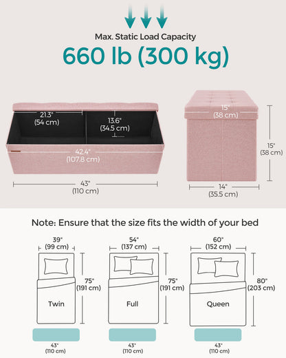 SONGMICS Mazie Collection - 43 Inches Folding Storage Ottoman Bench - Ottoman Foot Rest, End of Bed Bench, Storage Chest