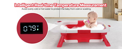 Portable Baby Bath with Soft Cushion & Thermometer, Newborn to Toddler 0-36 Months,