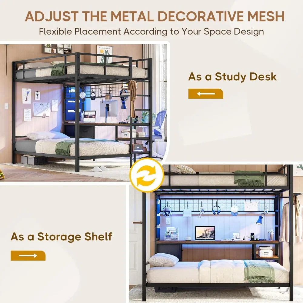 Metal Full Size Over Twin Loft Bed with Led Lights, Storage Shelves and Charging Station