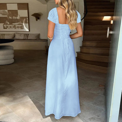 2025 Ladies Maxi Dress - Solid Colors - Chest Wrap - Bowknot Lace-up 2025