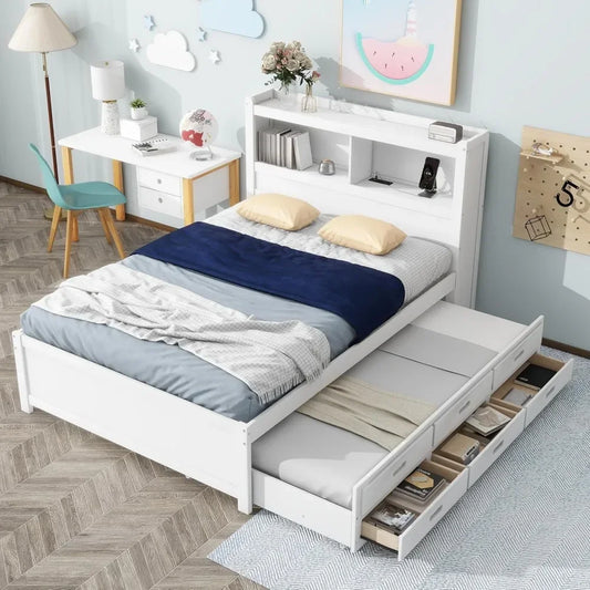 Full Platform Bed with Twin Size Trundle - Bookcase Headboard - Charging Station and 3 Drawers - Wood, Full Storage Bed Frame for Kids