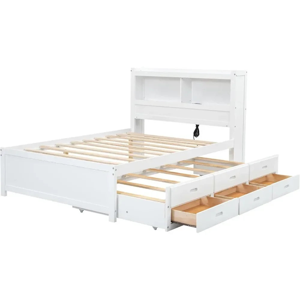 Full Platform Bed with Twin Size Trundle - Bookcase Headboard - Charging Station and 3 Drawers - Wood, Full Storage Bed Frame for Kids