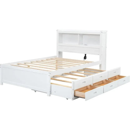 Full Platform Bed with Twin Size Trundle - Bookcase Headboard - Charging Station and 3 Drawers - Wood, Full Storage Bed Frame for Kids