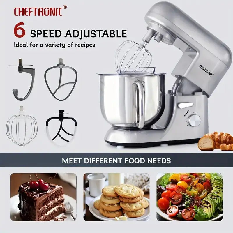 Cheftronic 6 Speed Stand Mixer with 7 Quart Stainless Steel Mixing Bowl - Dough hook, Egg whisk, Kitchen Mixer