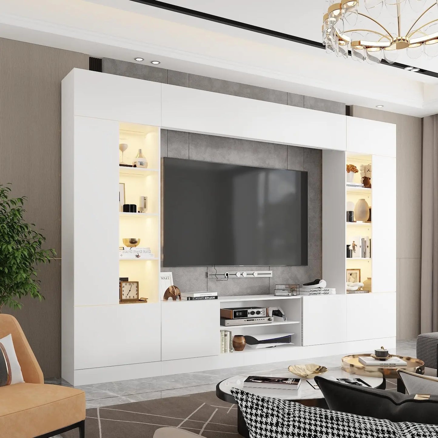 114" Large Wall Unit Entertainment Center with Bookshelves, Lights and 18 Shelves - Modern 4-Piece TV Stand Media Console Table