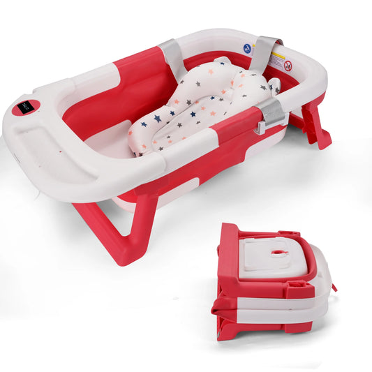 Portable Baby Bath with Soft Cushion & Thermometer, Newborn to Toddler 0-36 Months,