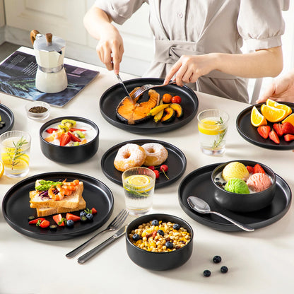 18/36 Piece Black Ceramic Plate Sets - Stoneware Dinner Set - Elegant Dinnerware with 6/12PCS Dinner Plate/Dessert/Bowl