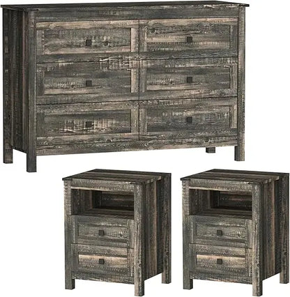 3 Pcs Bedroom Set - Rustic Wood 6 Drawer Dresser and Nightstands