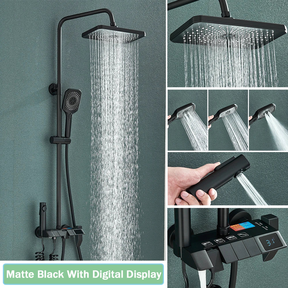 Rozin Black Smart Digital Display Shower Faucet Set - Piano Style Rainfall Bathroom System - Grey Digital Mixer Tap & Bidet Shower