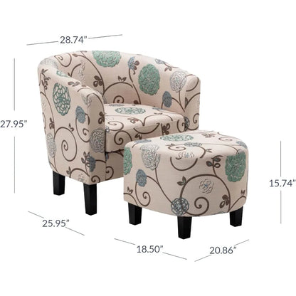Accent Chair with Ottoman Set of 2 - Curve Back Living Room Chair - Stylish Barrel Club Chair and Footrest Set