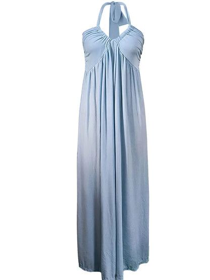 Women Summer Casual Maxi Dress - Solid Color - Tie-Up Halter Neck, Sleeveless & Backless Dress