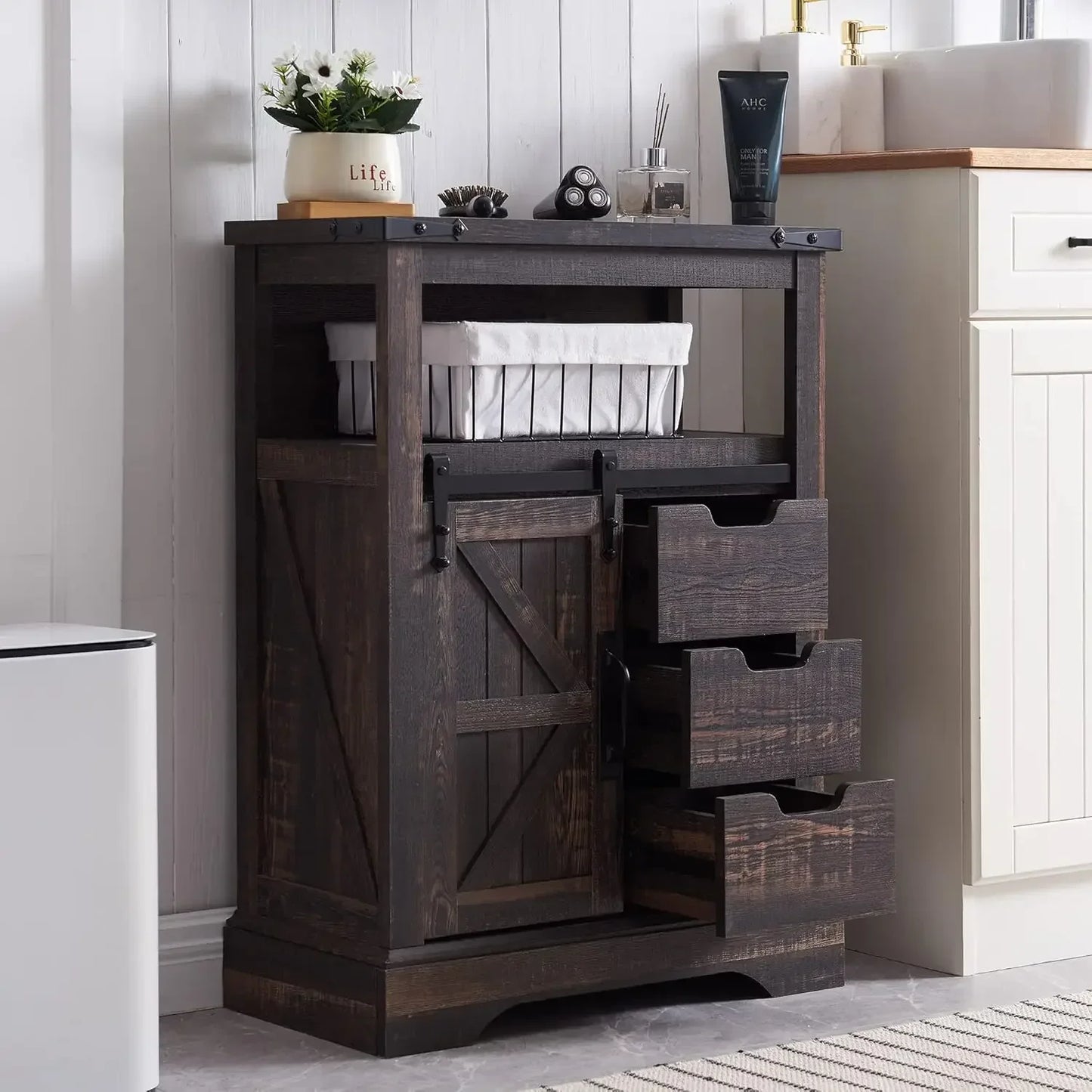 Bathroom Floor Cabinet - Storage Cabinet with Sliding Barn Door & Storage Drawers - Small Storage Cabinet for Office