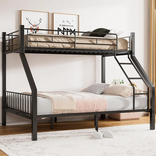 Twin XL Over Queen Bunk Bed - Heavy Duty Bunk Bed with Safety Ladder and Full-Length Guardrails - Metal Queen Bed Frame with Slats