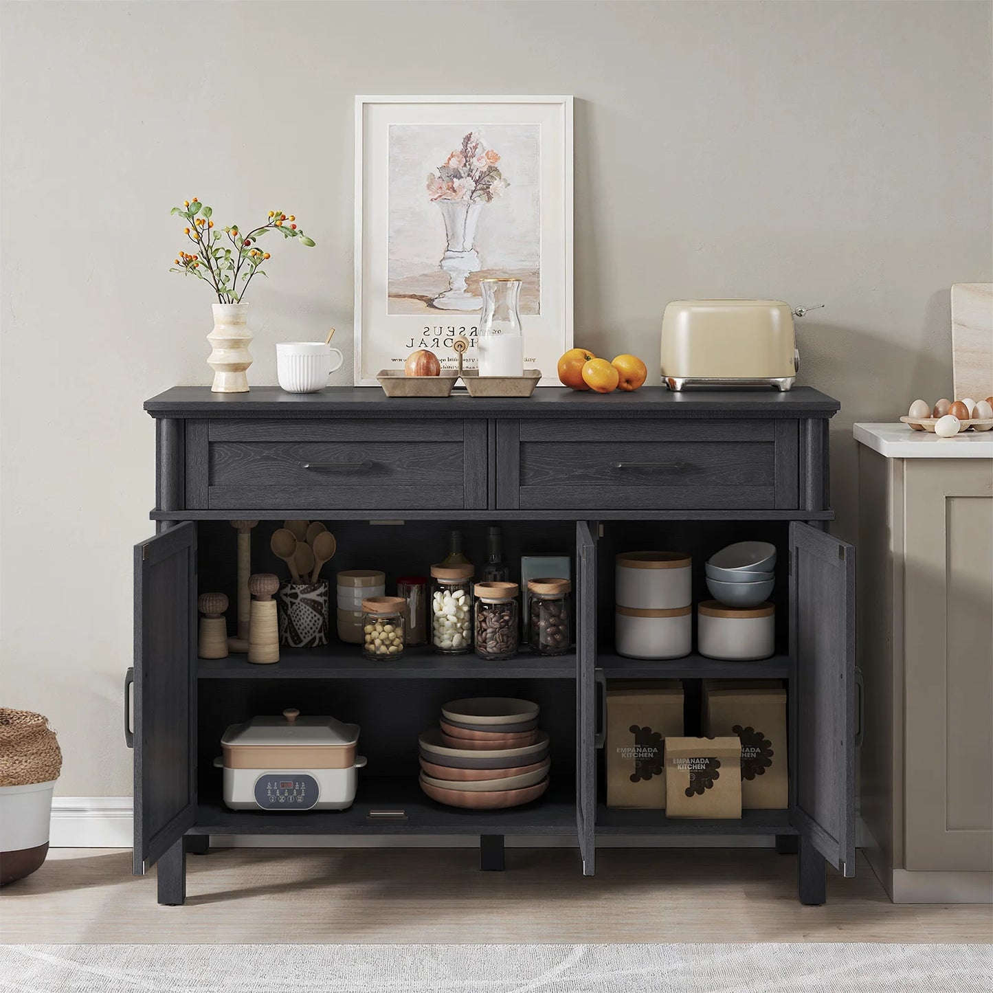48" Storage Buffet Cabinet - 2 Drawers & Doors, Adjustable Shelve, Wooden Kitchen. Living Room & Hallway Cabinet