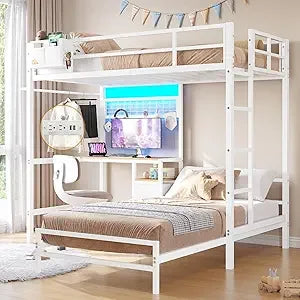 Bunk Bed Twin Over Twin with Desk and Charging Station - L-Shaped Metal Bunk Bed - Led Lights & Storage Shelves