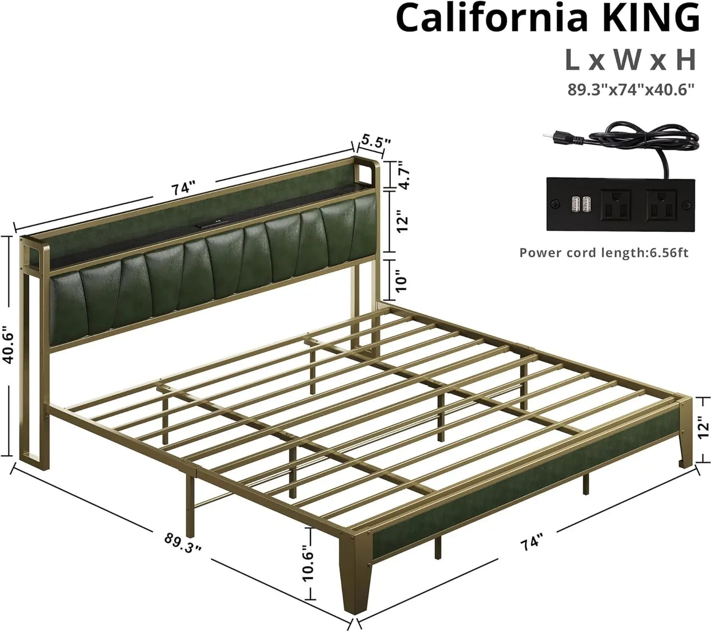 A New Bed Frame - Storage Headboard with Charging Station - No Box Spring Needed - Dark Green