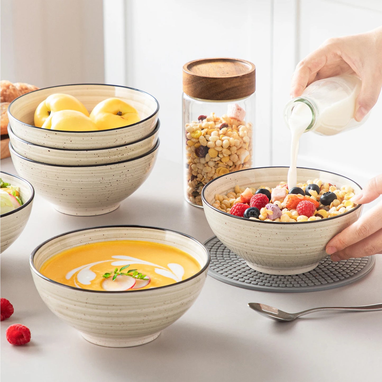 Vancasso 6 Piece 840ML Ceramic Bowls - Hand Painted Spirals - Stoneware Dinnerware Set