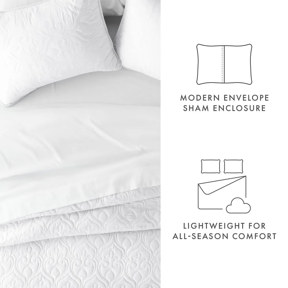 Ultra Soft White Damask Quilted Coverlet Set - Full Queen - Hypoallergenic, Breathable, Stain Resistant & Machine Washable, Decorative
