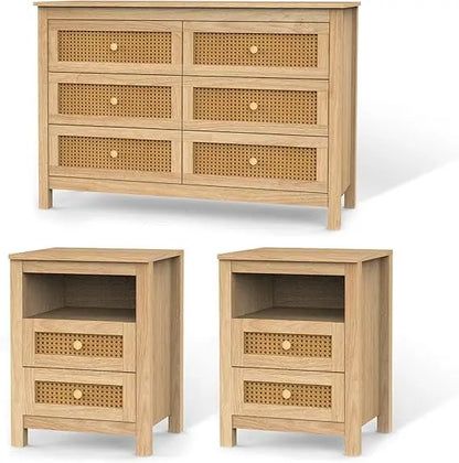 3 Pcs Bedroom Set - Rustic Wood 6 Drawer Dresser and Nightstands