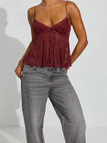 Ladies Sleeveless V Neck Cami - Floral Embroidery, Mesh Camisole, Lace Trim, Tank Tops for Summer