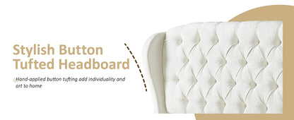 Queen Size Platform Bed Frame - Chenille Upholstered Sleigh Bed with Wingback Headboard - No Box Spring - Cream