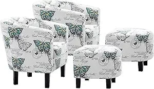 Accent Chair with Ottoman Set of 2 - Curve Back Living Room Chair - Stylish Barrel Club Chair and Footrest Set