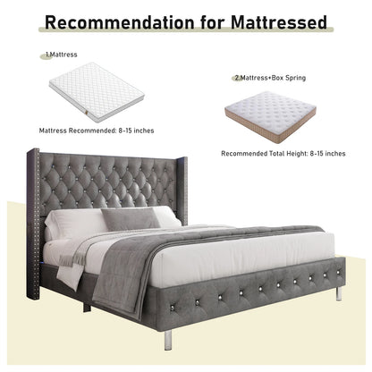 Bed Frame w/ A Wingback Headboard - LED Lights & Charging Station - Modern Upholstered Platform with Diamond Button Tuff