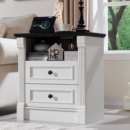 26" Tall Nightstand/End Table with Charging Station - Farmhouse 23.6" Wide w/Roman Column
