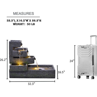 Tiered Waterfall Fountain Outdoor Garden - Concrete Artistry Modern Style with LED Lights