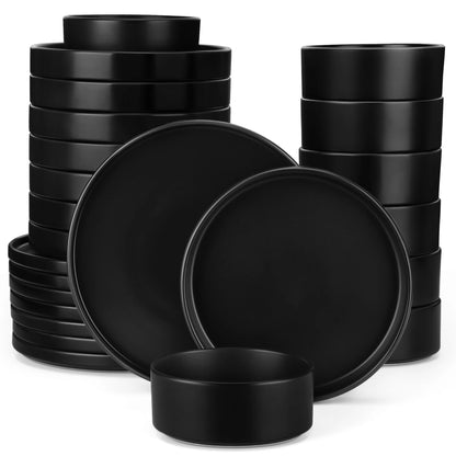 18/36 Piece Black Ceramic Plate Sets - Stoneware Dinner Set - Elegant Dinnerware with 6/12PCS Dinner Plate/Dessert/Bowl