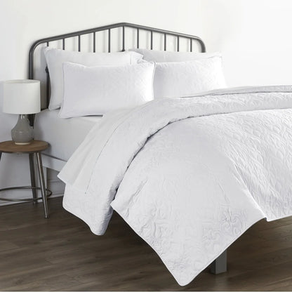Ultra Soft White Damask Quilted Coverlet Set - Full Queen - Hypoallergenic, Breathable, Stain Resistant & Machine Washable, Decorative